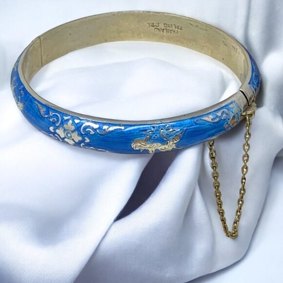 Vintage Thailand Coastal Blue Enameled Sterling Hinged Bangle‎ Bracelet